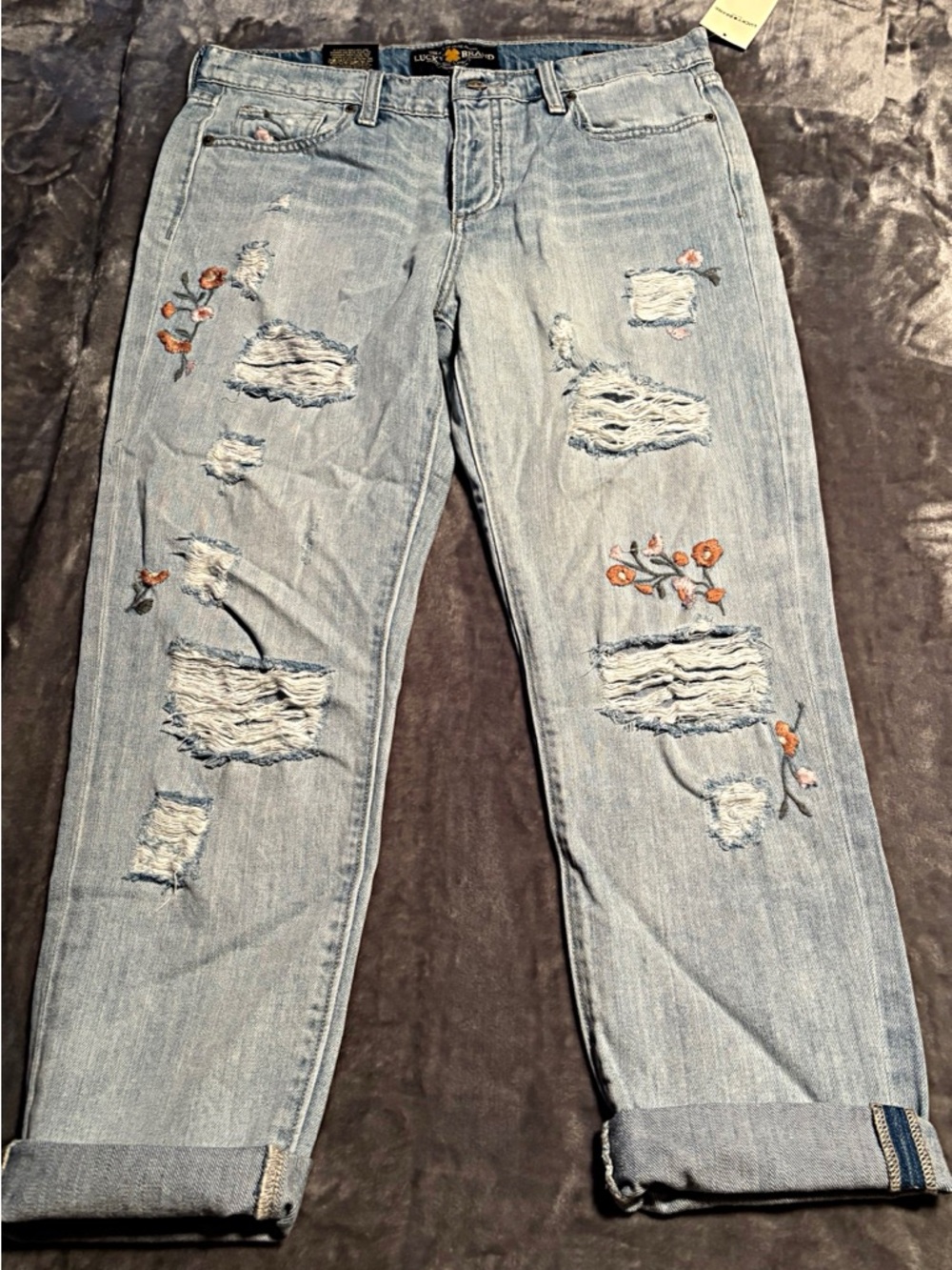 Lucky Brand Light Blue Distressed Boyfriend Jeans with Floral Embroidery - Picture 2 of 15